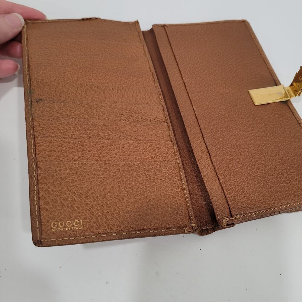 GUCCI Vintage Byckle Clasp Wallet Bifold Brown Large Retro Clutch Leather Fair - Picture 3 of 16